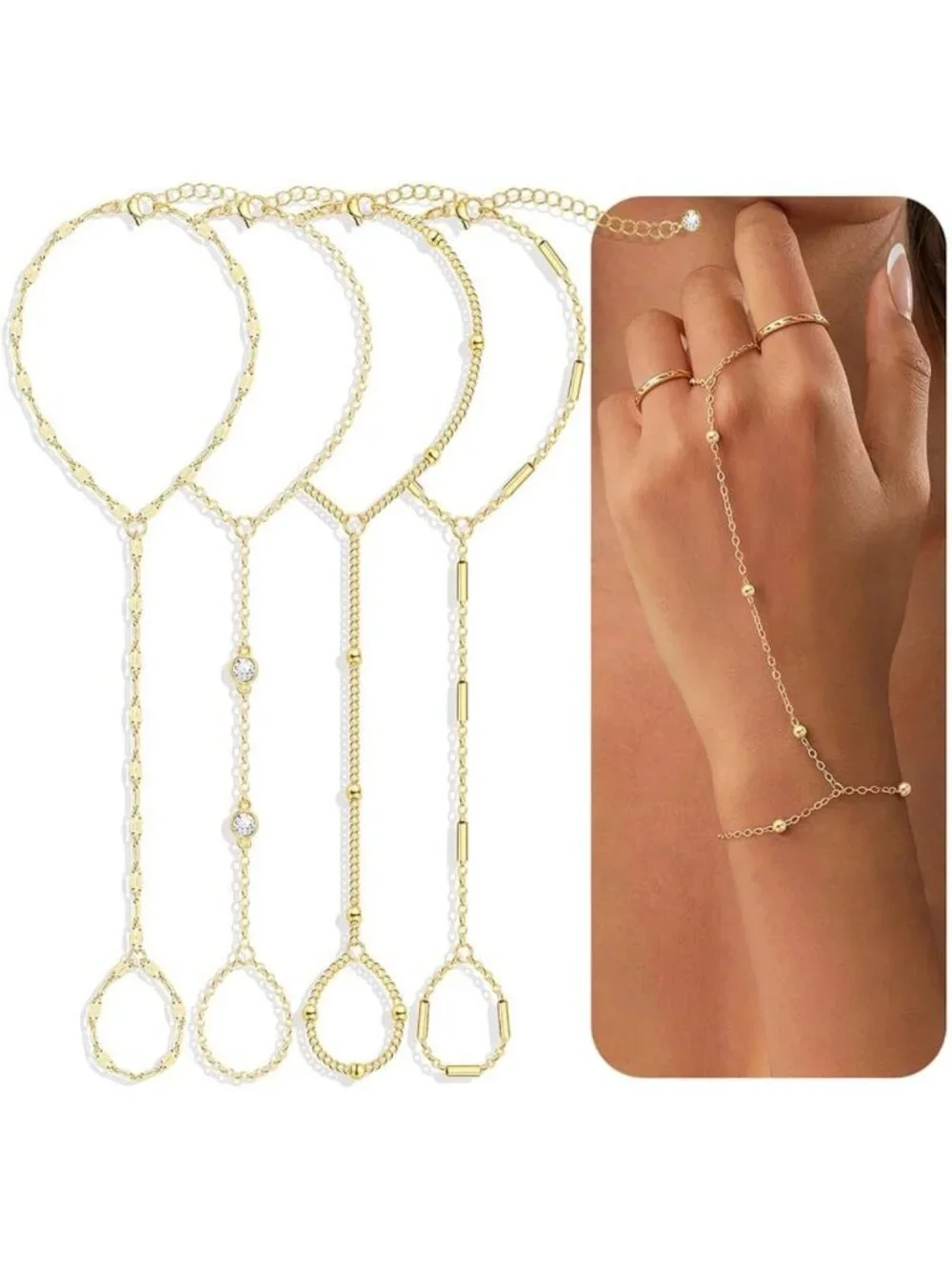 Dainty Gold Hand Chain Bracelets Set - 14K Plated Stackable Ring & Beaded